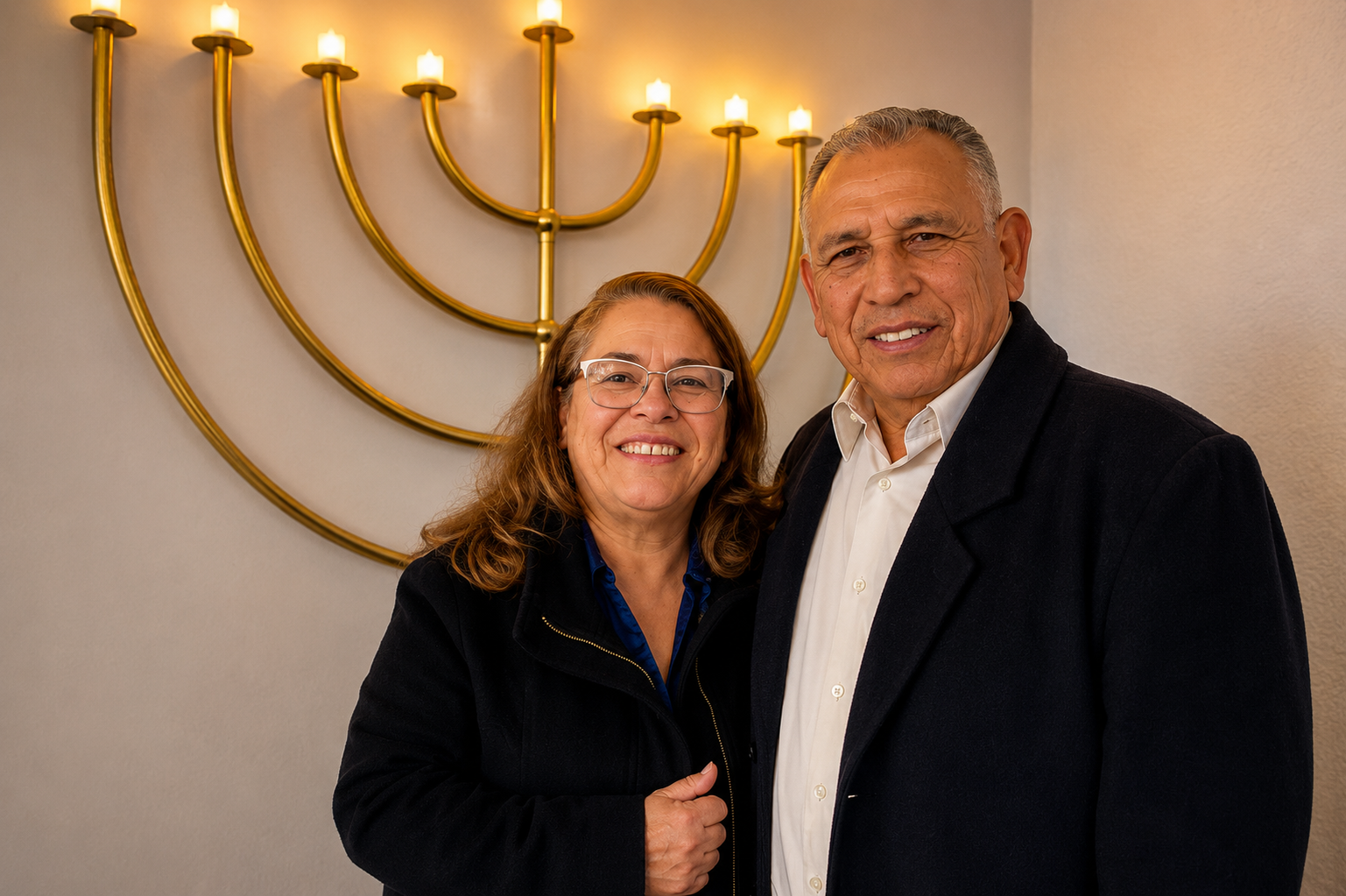 Pastor Roberto Gutierrez y su esposa Beatriz López frente a la menorá