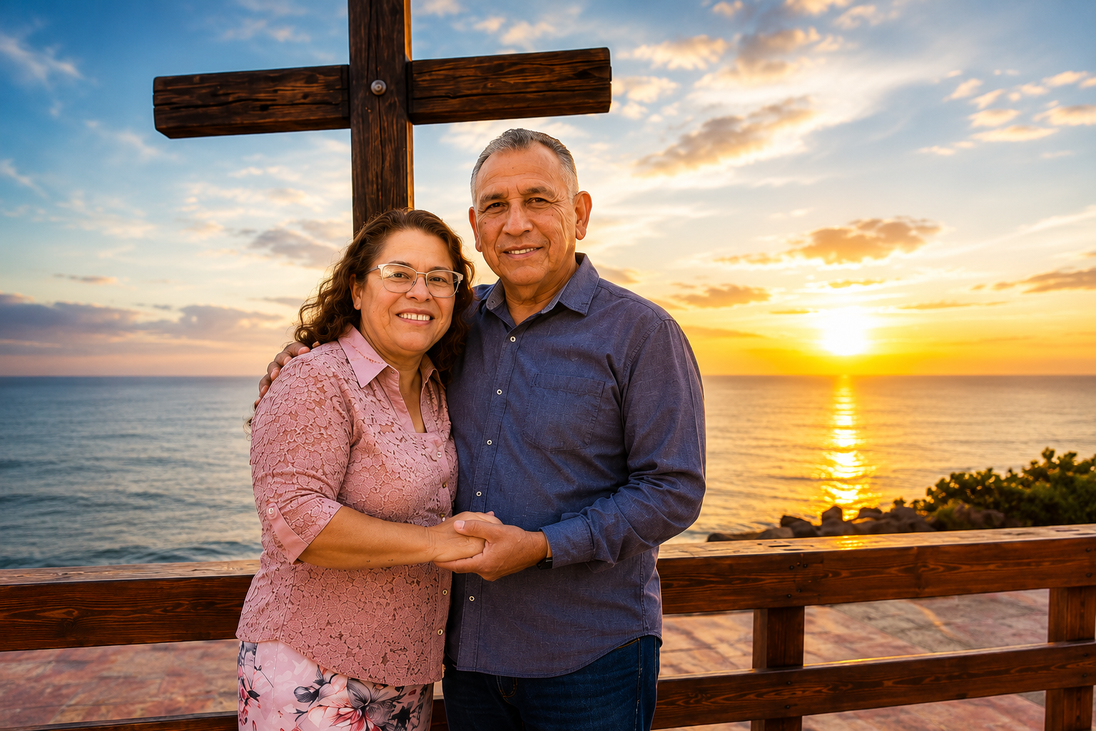 Pastor Roberto Gutierrez y su esposa Beatriz frente a la cruz junto al mar de Ensenada